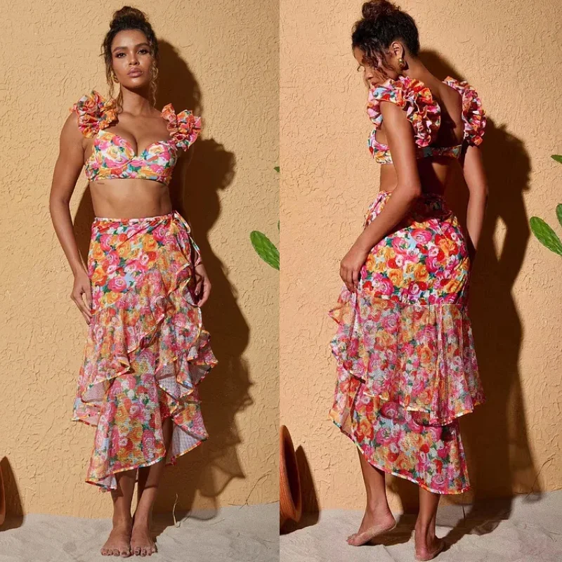 Vintage fora do ombro maiô e sarong, Impresso um pedaço de biquíni conjunto, Swimwear acolchoado, atacado, apuramento, 2024