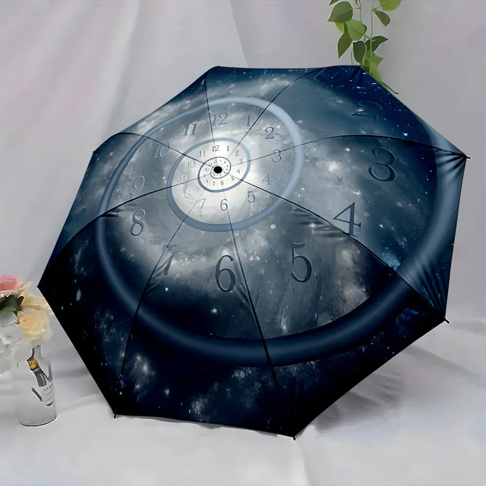 1PC Cosmic Clock Design Umbrella with Galaxy Patterns Print 8 Iron Ribs Folding Umbrella Auto-Open Fashion Sunshade