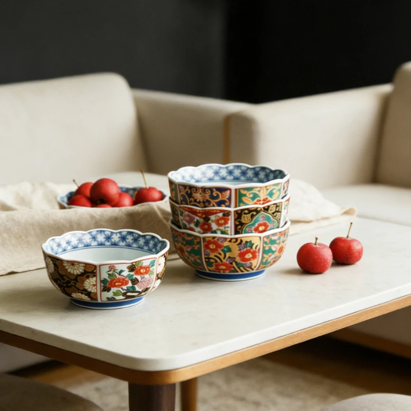 New Japanese Imported Five Piece Ceramic Wave Edge Floral Bowl Gilded Overglaze Japanese Cuisine Exquisite Gift Box Ceramic Bowl