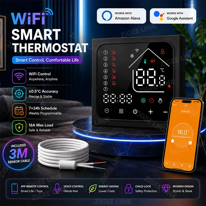 WiFi Smart Home Heating Thermostat 16A Max Load ±0.5℃ Precise Reading With 3M Sensor Cable APP Remote & Voice Control Function