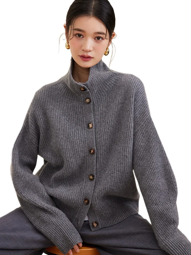 Special! 7-pin double-thread ingot needle Consini AURORA yellow horn buckle lamb leg sleeve pure cashmere knitted cardigan women