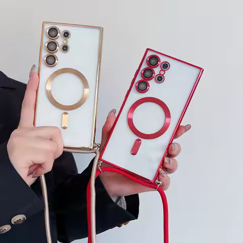 Luxury Magnetic With Lanyard Strap Phone Case For Samsung Galaxy S22 S23 S24 Ultra S21 For Magsafe Adjustable Rope Plating Cover