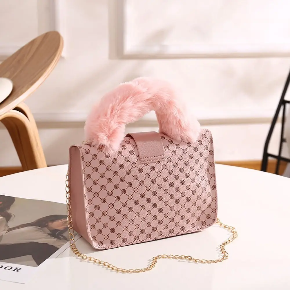 Plush Handle Shoulder Bag Gentlewoman Chain Print Handbag Korean Style PU Crossbody Bag Madien