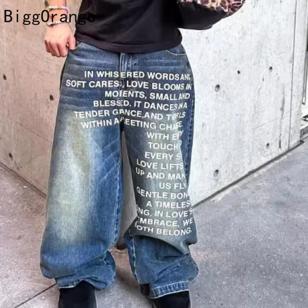 2025 الجينز الموضة الأمريكية إلكتروني الطباعة نمط شارع العليا عادية واسعة الساقين Y2K الرجال الرجعية القوطية العصرية سراويل تقليدية