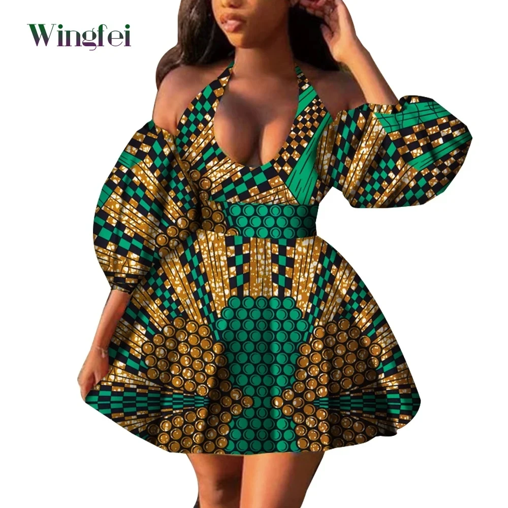 

Fashion Women Casual Dresses African Clothes Sexy V-neck Dashiki Dress Ankara Print Short Dress African Style Clothing Wy7876