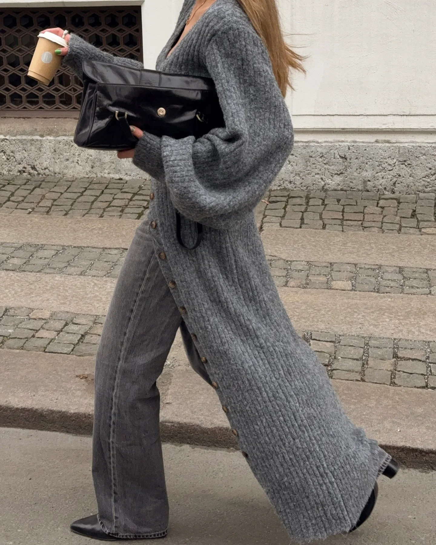 2025 Chic Grey Knitted Long Sleeved Dress Women Fashion Elegant Solid V-neck Single Breasted Dresses Daily Street New Gowns