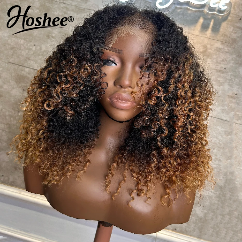 

Ombre Brown Coily Curly Wigs For Women 250% Bouncy Curly 4X4 Lace Wig Human Hair Pre Plucked 13x4 Lace Frontal Wig With 4C Edges