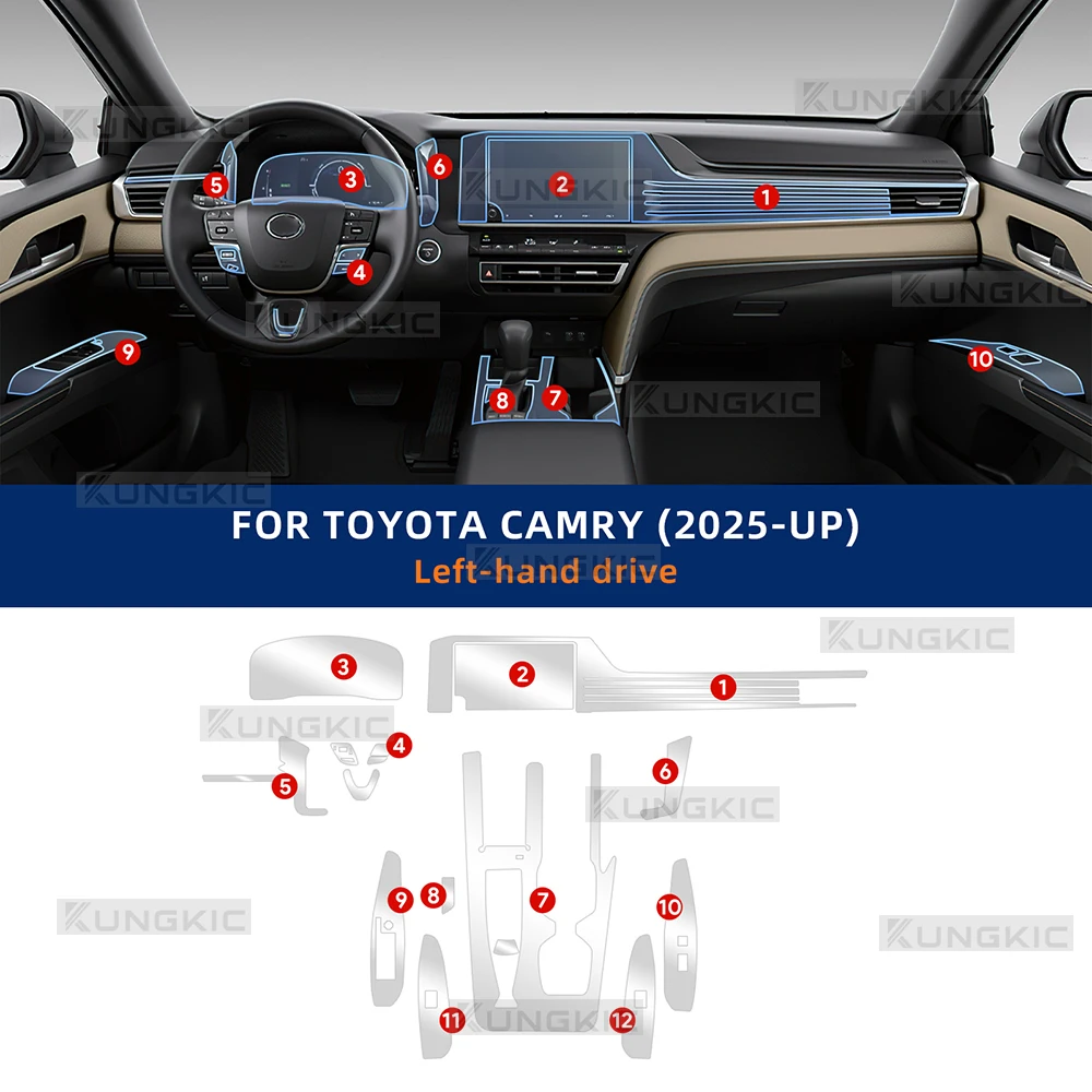 Invisible TPU Interior Protective Film Set 8/12.3 inch Screen For Toyota Camry 2025-UP Anti-scratch Sticker With Install Tool