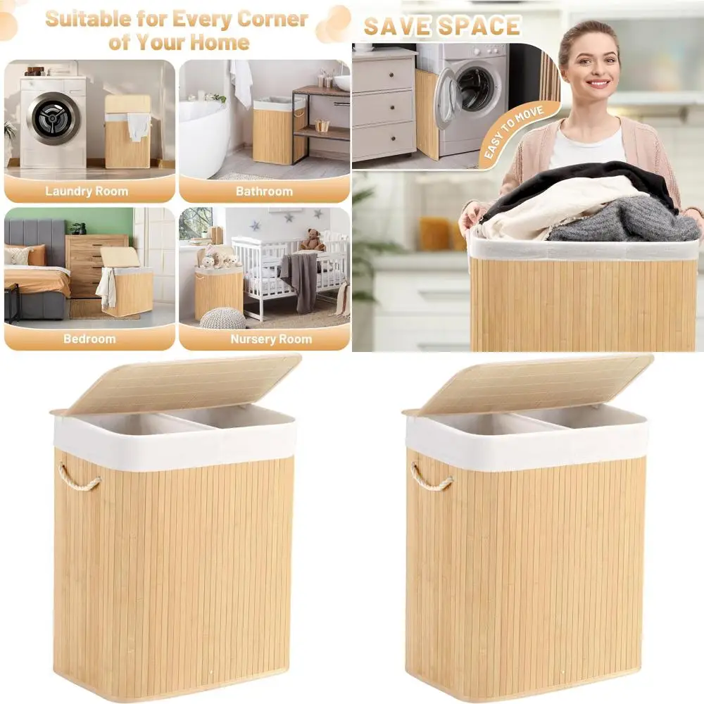 

Collapsible Bamboo Laundry Hamper with Lid and Handles, 100L Dual-Section Basket for Bedroom, Bathroom, Dorm, Natural Beige