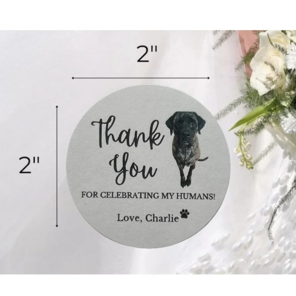 Personalizable Picture Dog Wedding Stickers / Thank You for Celebrating my Humans / Pet Wedding Treat Bags Labels / Custom Text