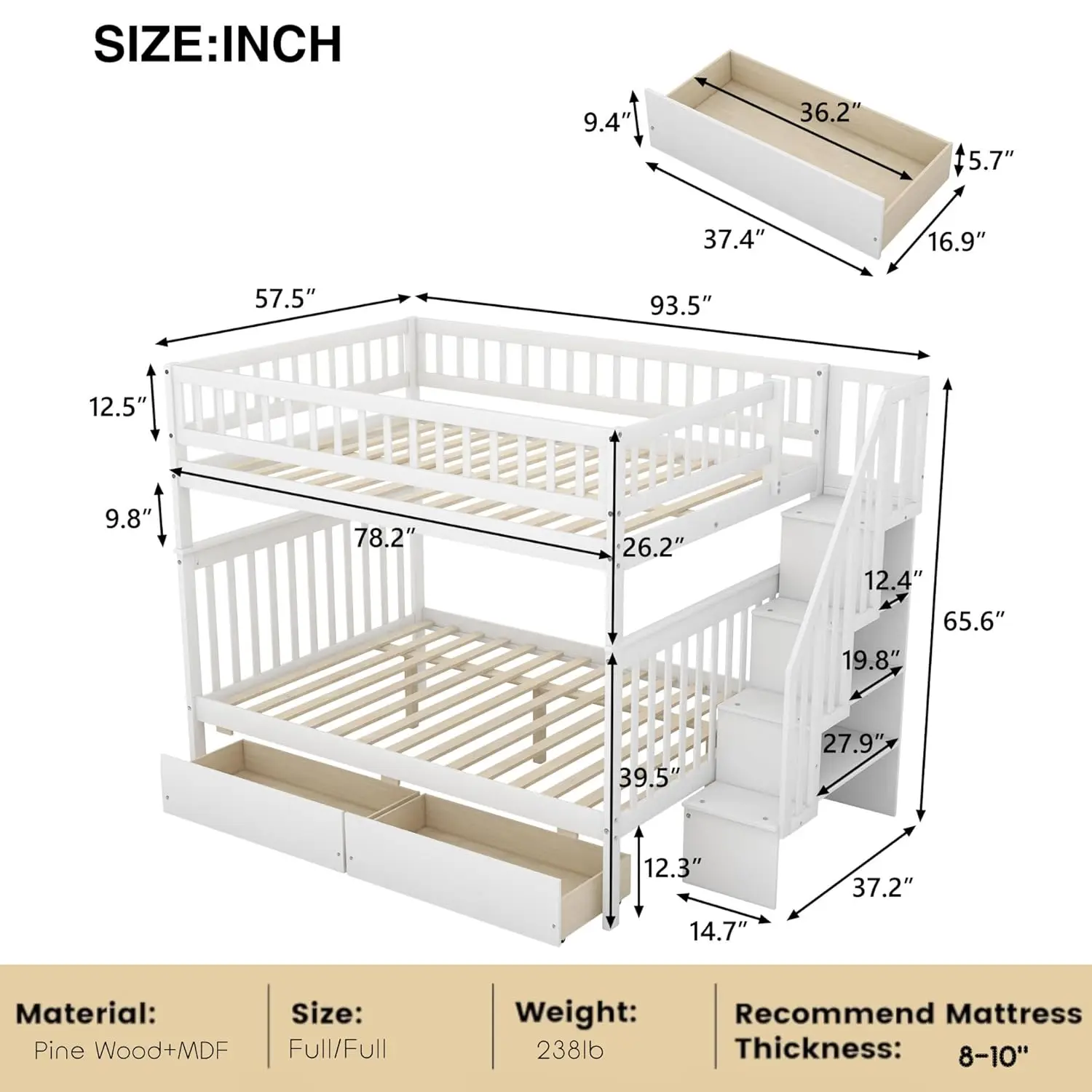 Full Over Full Bunk Bed with Drawers Stairs Storage Shelves Wood Frame for Kids Teens Adults Bedroom Furniture, Customized