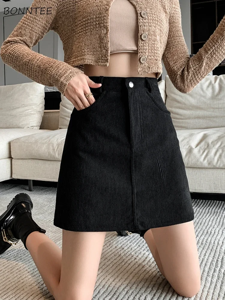 

High Waist Skirts Women Corduroy Mini A-line Faldas Simple Elegant Preppy Style Autumn Winter Fashion Versatile Ulzzang Classic
