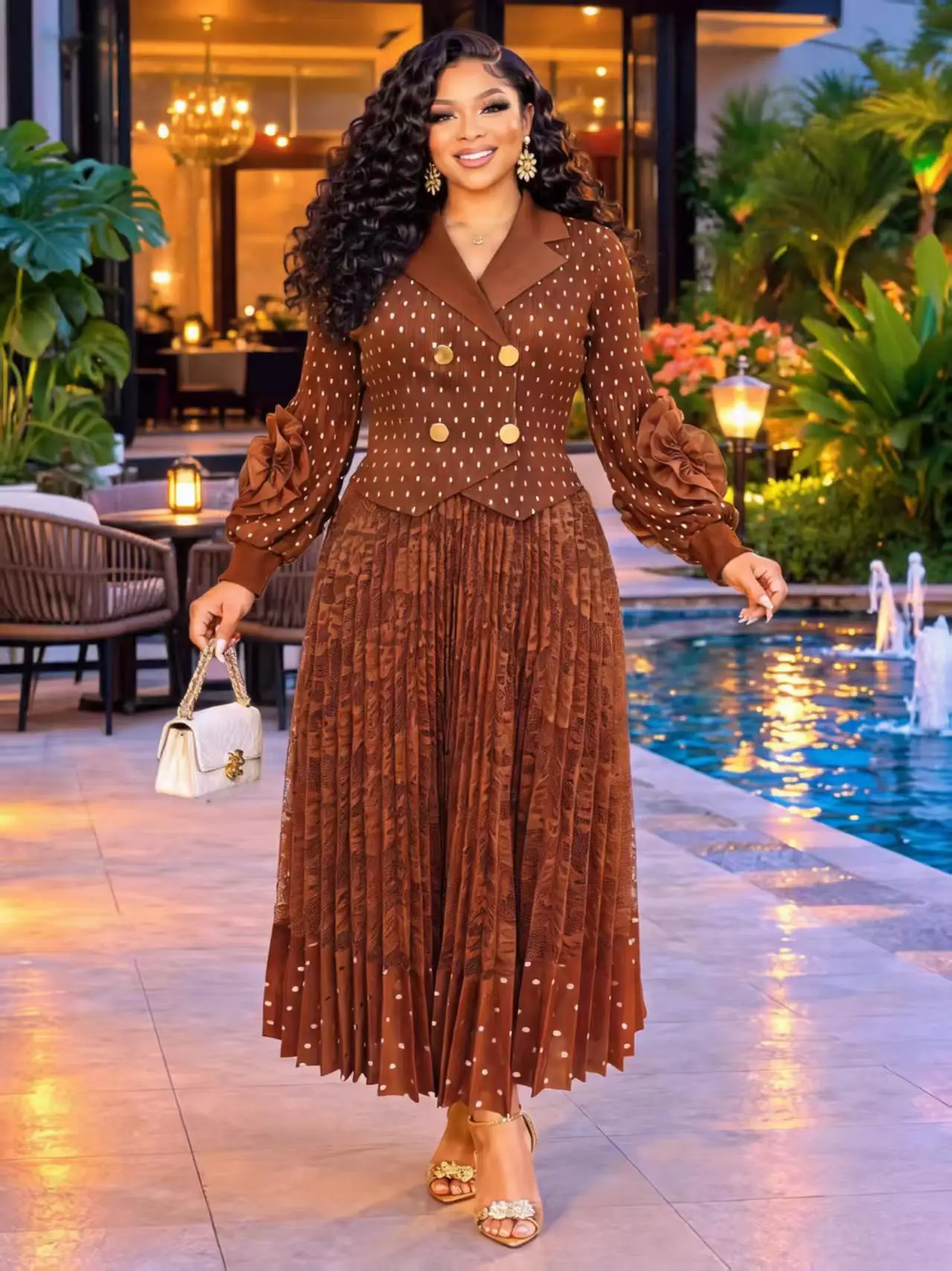 2026 Miyake Pleated Suit Collar Lantern Sleeve Dress Pleated Loose Women's Elegant Temperament Dress
