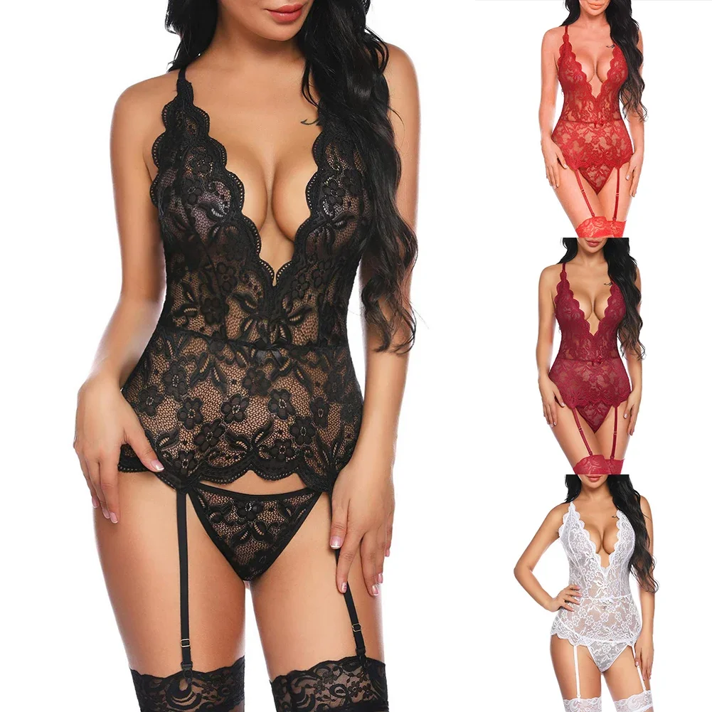 Transparent Lace Sexy Lingerie Women Bodysuit Mesh Porno Hot Erotic Underwear Erotic Costume Porn Jumpsuit Women\'s Pajamas