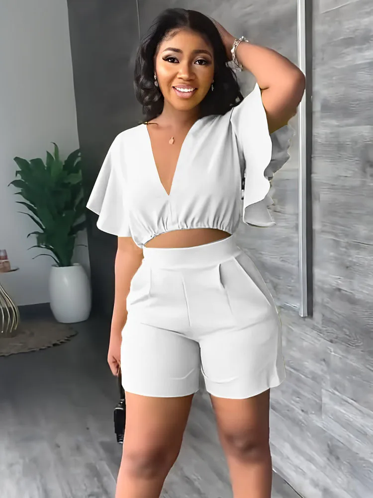 Summer V Neck Short Tops Women\'s Set Solid Color Fashion Flounces Short Sleeved Casual Shorts Suit Female Office Two Piece Set