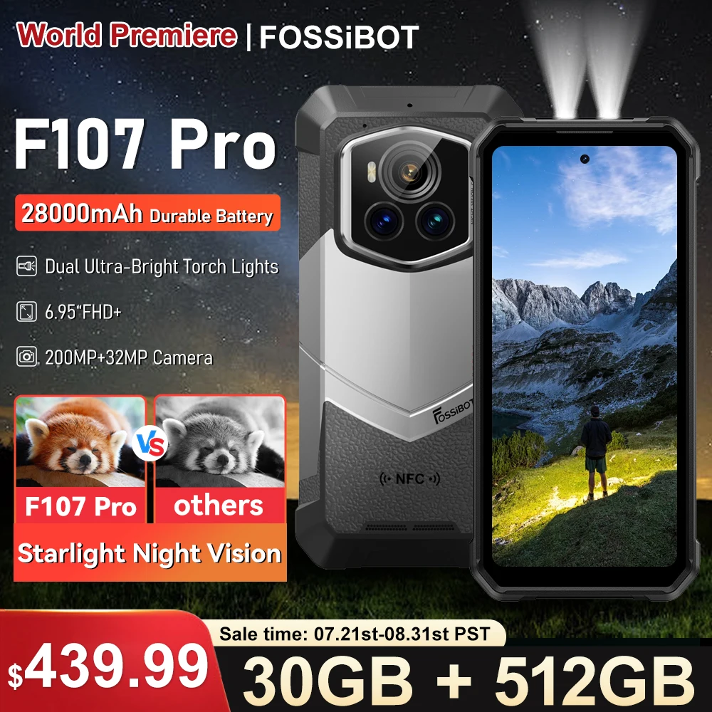 Прочный мобильный телефон Fossibot F107 Pro 30 (12+18)Go+512Go Android 15 28000 мАч 66 Вт 200 МП + 32 МП 5G NFC/GPS Двойные яркие фонарики