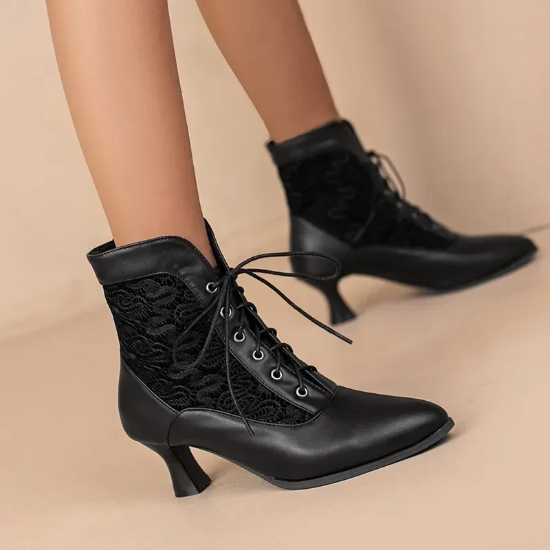 Big Size Women Victorian Ankle Boots White Black High Kitten Heel Party Dress Lady Spring Winter Pointed Toe Lace Up Short Boot