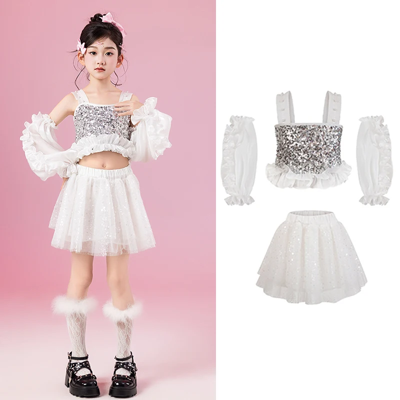 

Детский костюм для джазовых танцев для девочек, белые топы с блестками и пупком, юбка, одежда для подиума, концерта, модный сценический костюм Kpop BL16066