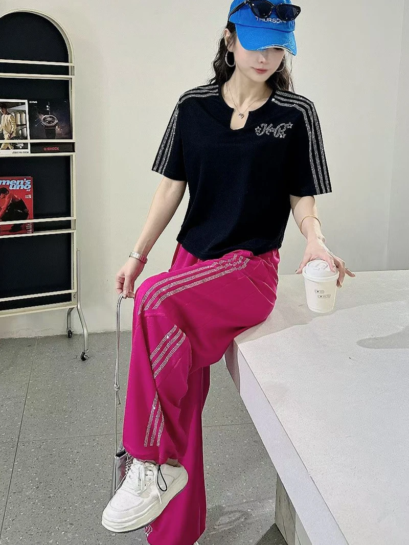 夏新作ゆったりカジュアルvネックカラフルドーパミン半袖tシャツ通気性ナイフエッジパンツスクエアダンスセット女性用