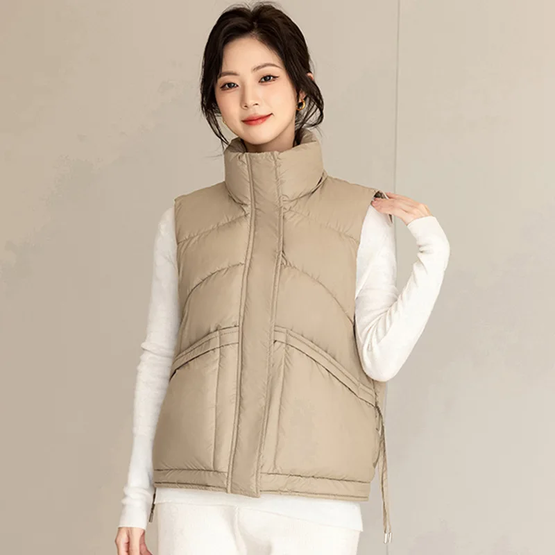 

2025 Winter Women's Down Cotton Vest Fashion Big Pocket Lace Up Warm Waistcoat Woman Basic Elegant Solid Color Cardigan Jacket