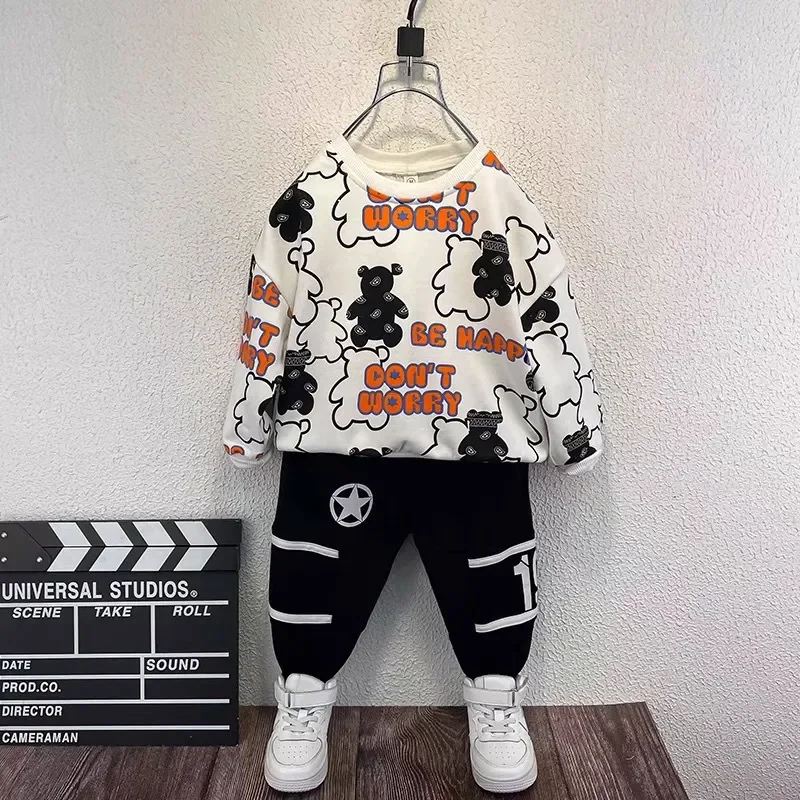 Spring Autumn Kids Bear Pattern Clothes Sets 2-14Y Kids 2pcs Winter Children's Pullover+pants Children Letter Sweater Suits