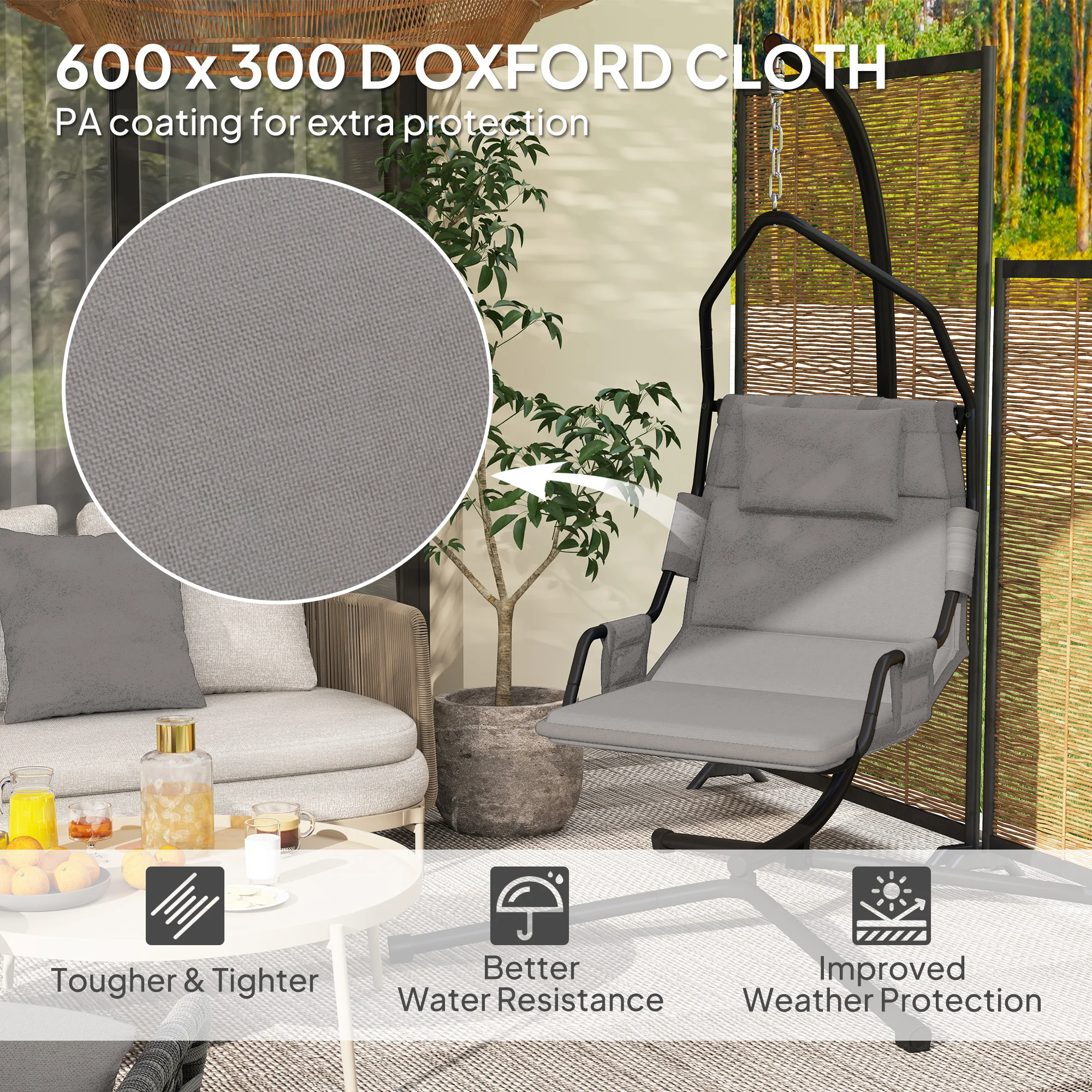 Freestanding steel frame swing chair with gray cushion
