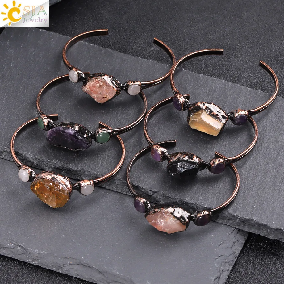 CSJA Reiki Irregular Natural Stone Bracelet Open Bangles for Women Girl Healing Amethyst Rose Quartz Antique Copper Jewelry H714