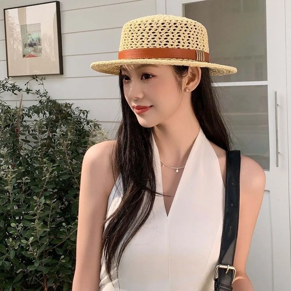 Sun Protection Straw Boater Hat Lightweight Breathable Mesh Handwoven Sun Cap Exquisite Craftsmanship Wide Brimmed