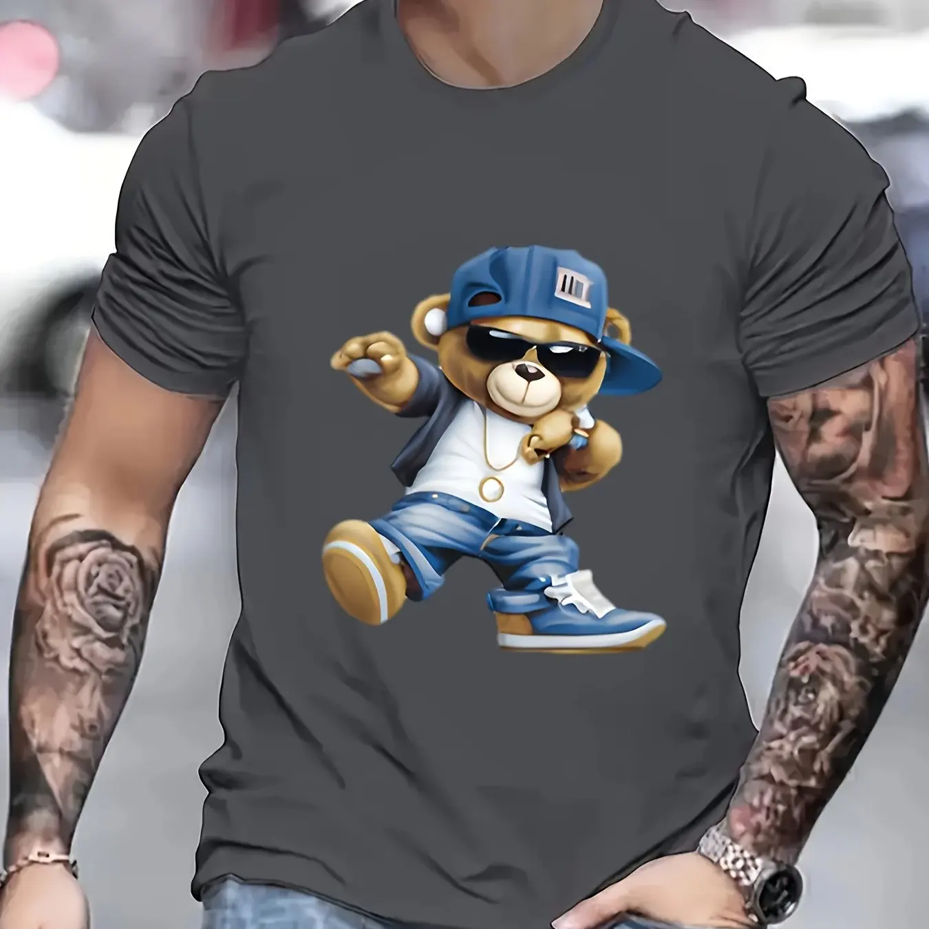 Men's Summer Fashion Casual Sports Loose Large Cartoon Cool Bear Pattern Printed Round Neck Short Sleeve Oversized T-shirt tops - Image 5
