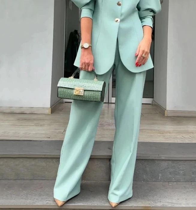 Women Fashion Elegant Suit Set Solid Color Loose Lantern Long Sleeves Button Blazer Coat Top and Commuter Straight Leg Pants Set