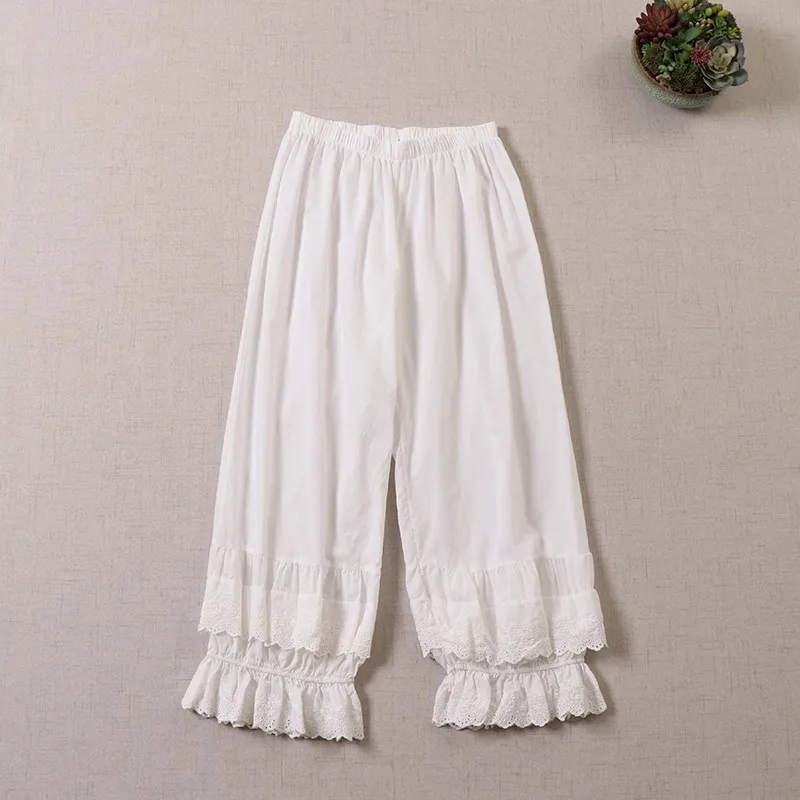 Japanese-Style Mori Girl Sweet Double-Layer Embroidered Lace White Wide-Leg Pants New Loose High-Waisted Casual Pure Cotton Cropped Pants