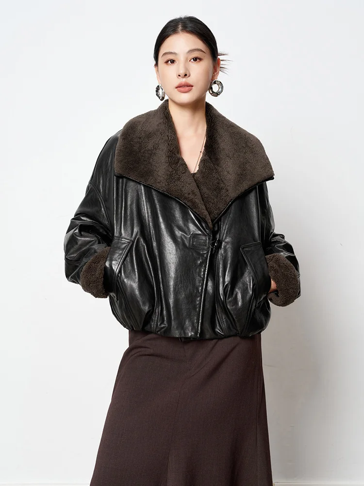 2025 المرأة الدافئة الطبيعية ميرينو الأغنام الفراء طوق معطف أوزة أسفل سترة حقيقية جلد الغنم سترة فضفاضة سترة منفوخة #1