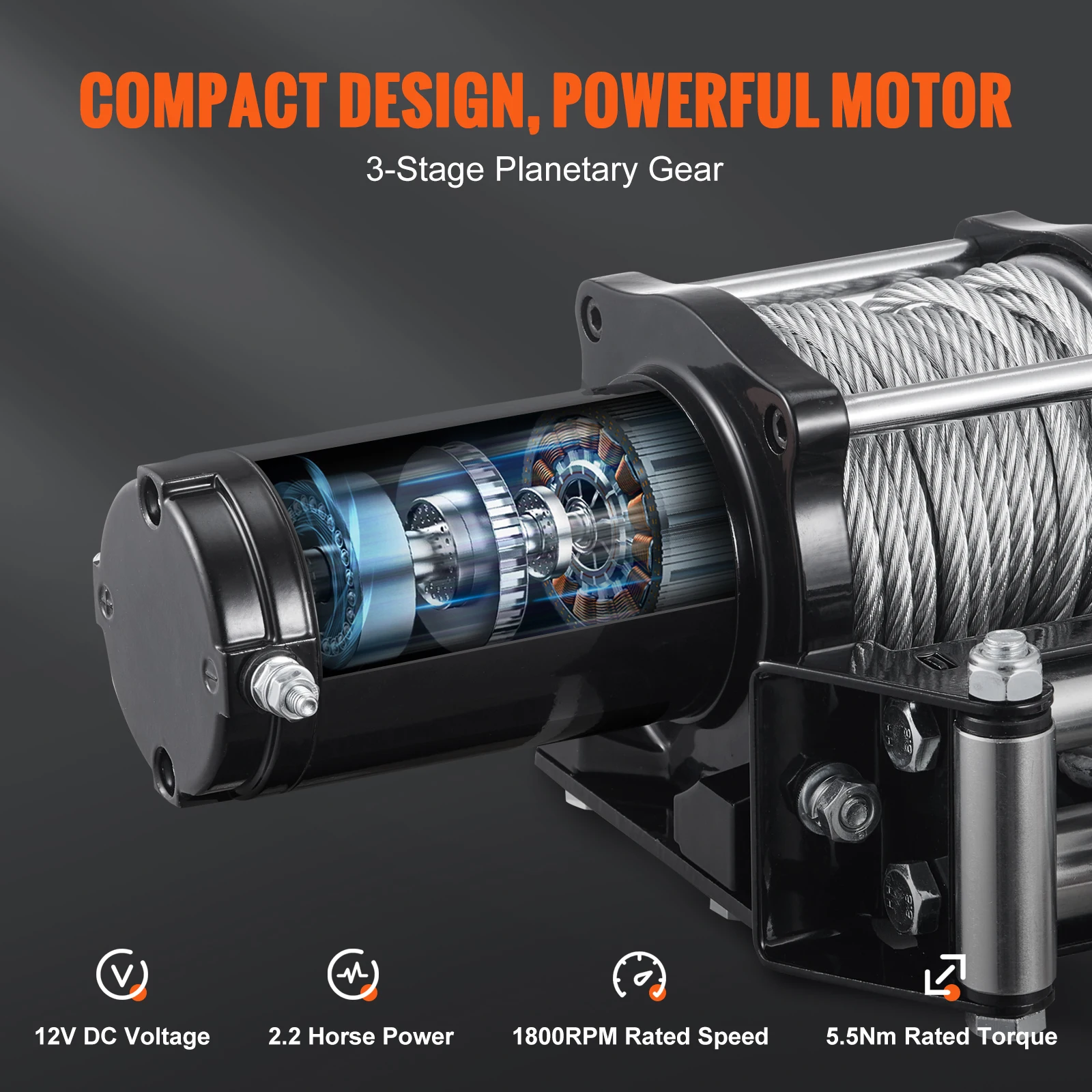 Imagem -03 - Vevor-guincho de Corda de Aço Elétrico Controle Remoto Portátil sem Fio 4-way Fairlead 12v 4500 Lbs Capacidade Ip55 39ft Atv Utv