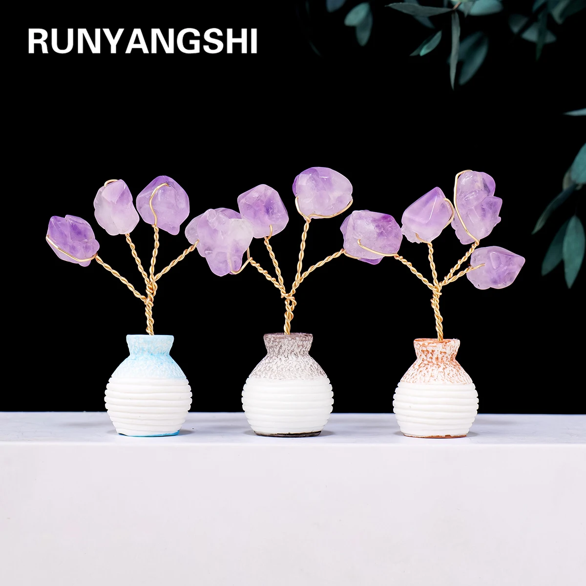 Natural Amethyst Tooth Flower Tree Vase DIY Handmade Mini Fortune Tree Home Desktop Car Decorative Crafts