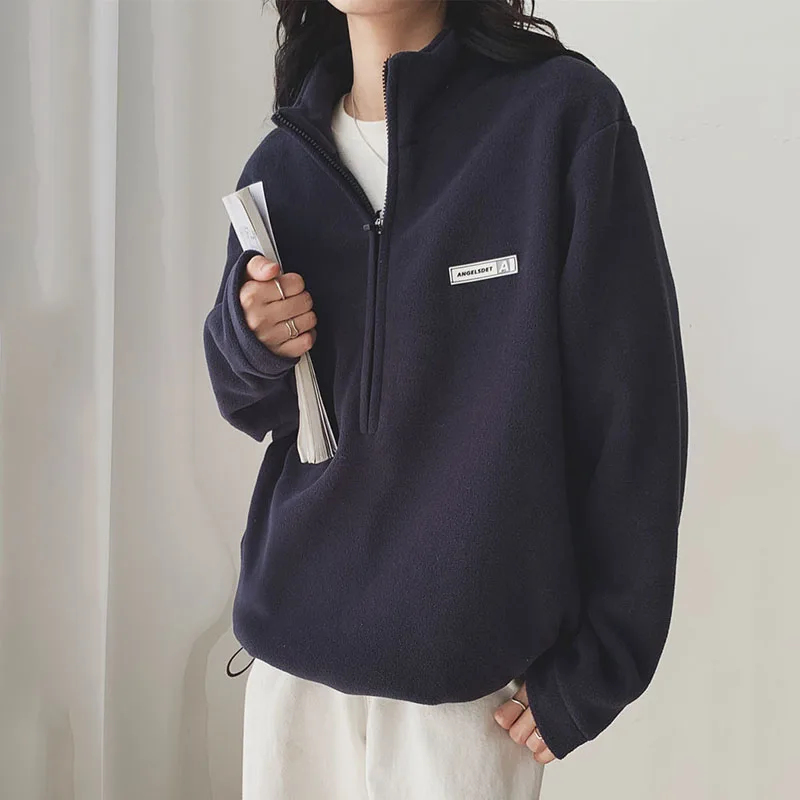 

Women's Fleece Sweatshirt, Half High Collar, Solid Color Warm Tops, Loose Casual Outerwear, Korean Outfits, Autumn, Winter, 2023