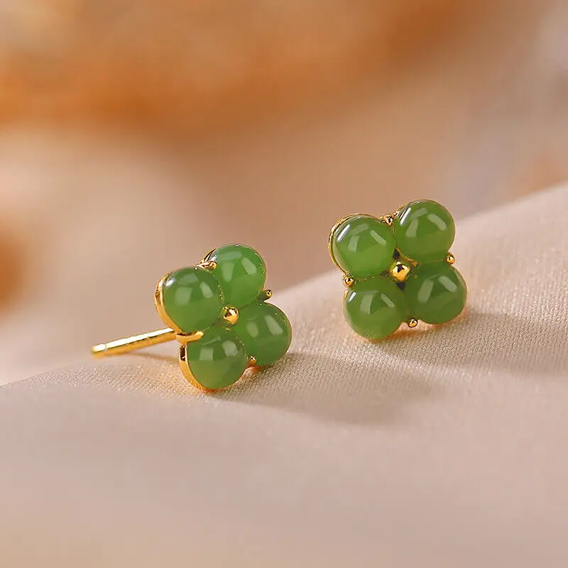 

Gold Over 925 Sterling Silver With Natural Green Jade Flower Stud Earrings 8mm W