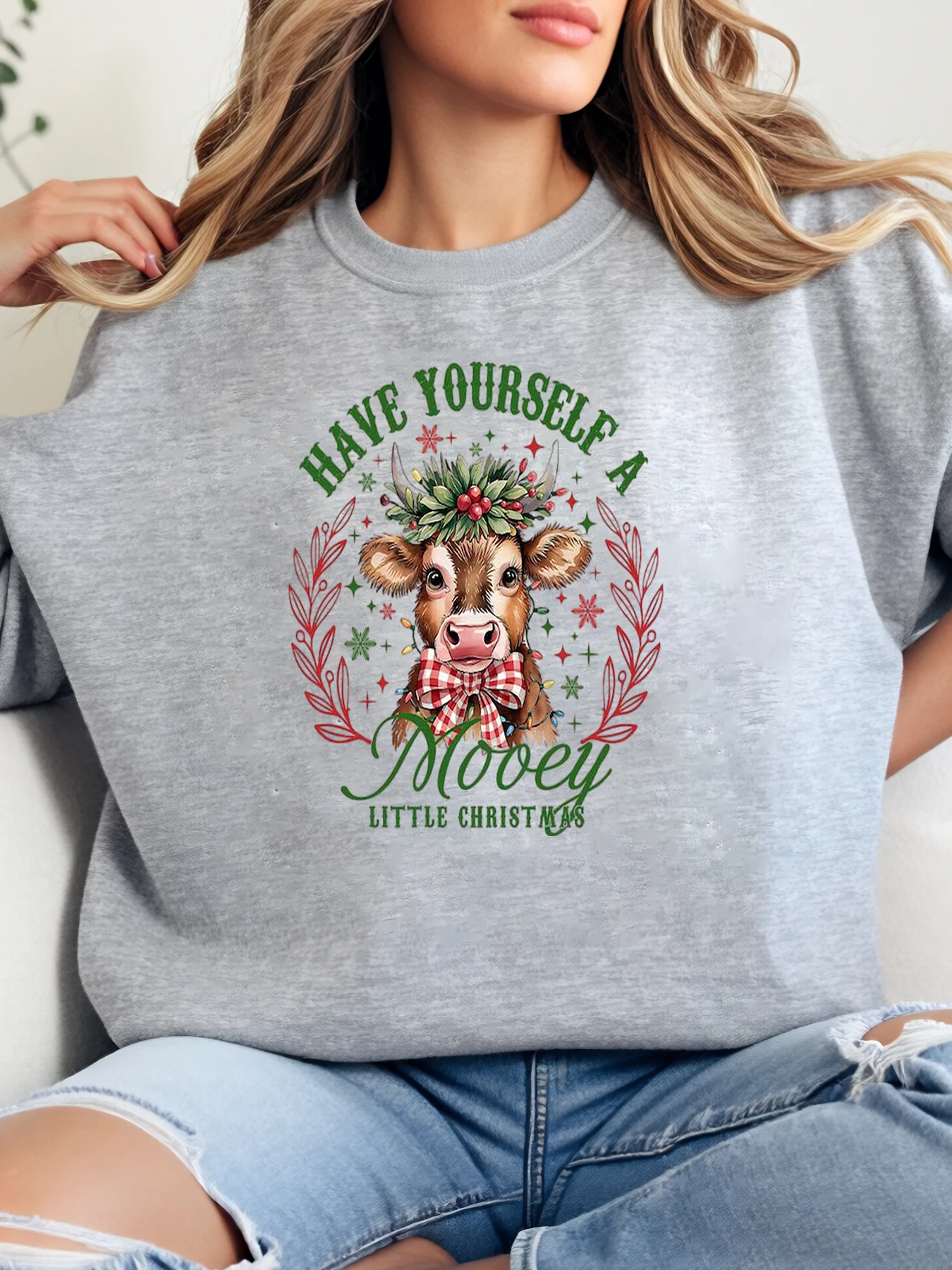 Mooey Cow Christmas Tree Gift Print Holiday Sweatshirt Women Casual Winter Party Gray Plus-Size