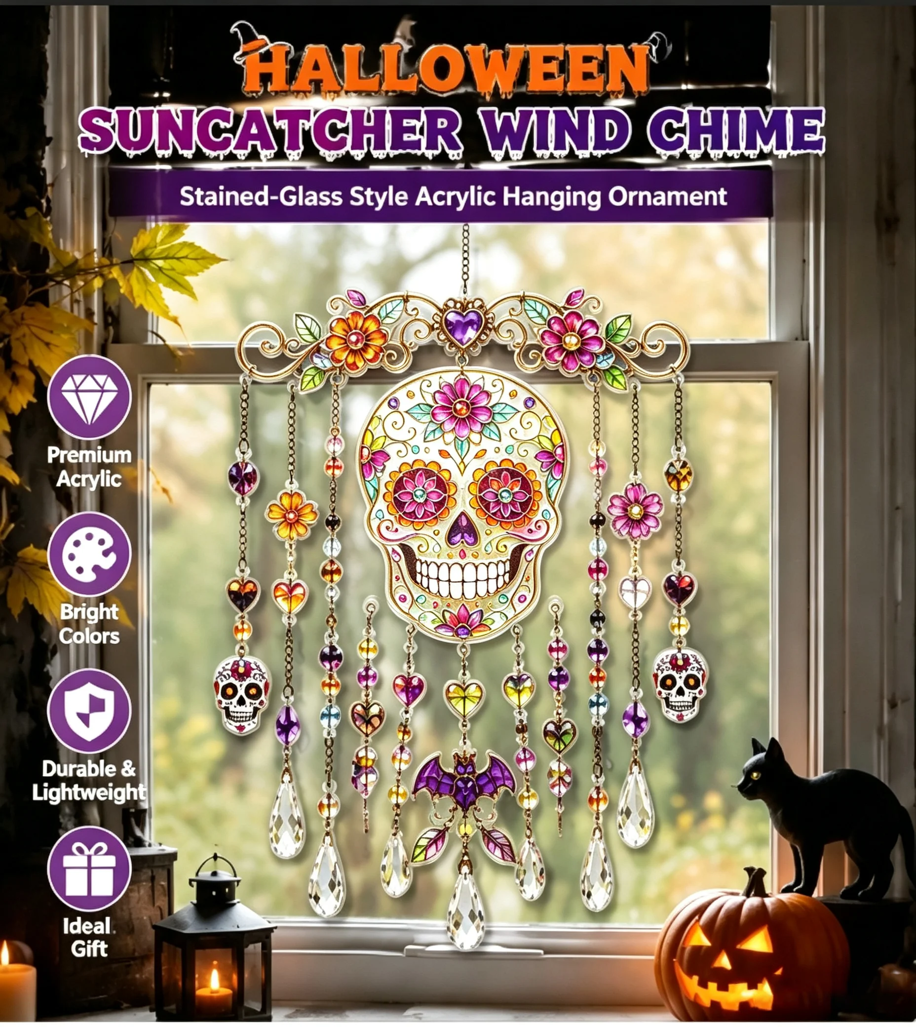 Halloween Suncatcher Wind Chime Acrylic Stained Glass Style Hanging Ornament Bead Pumpkin Ghost for Window Porch Home Party