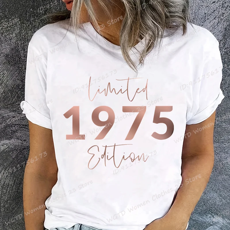 Limited Edition 1975 Vintage 70th Birthday Letter Print T-Shirts, Women's Casual Short Sleeve Crew Neck Top for Summer & Spring