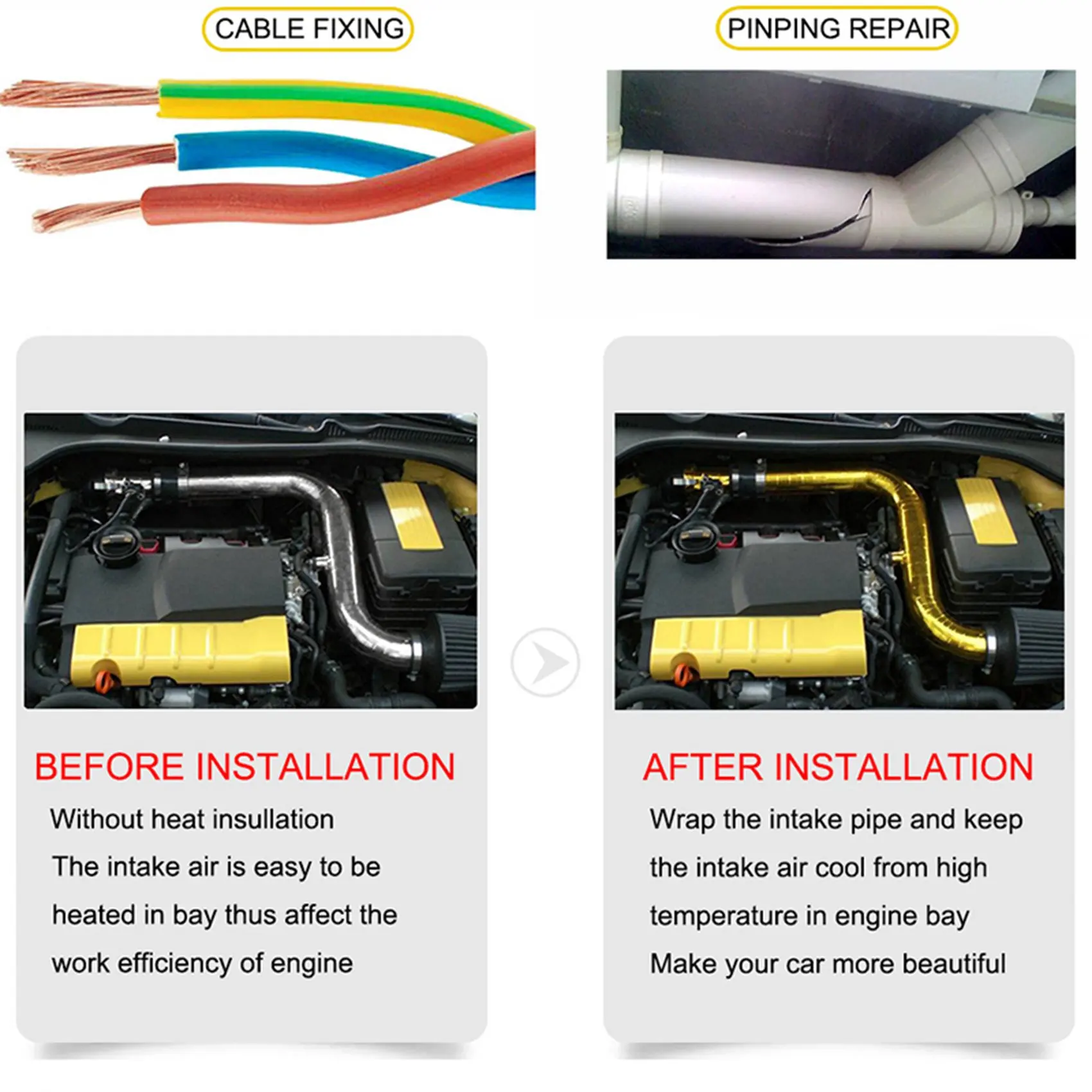 BHTS-3X Reflect A Gold Thermal Tape Air Intake Heat Insulation Shield Wrap Reflective Heat Barrier Self Adhesive Engine