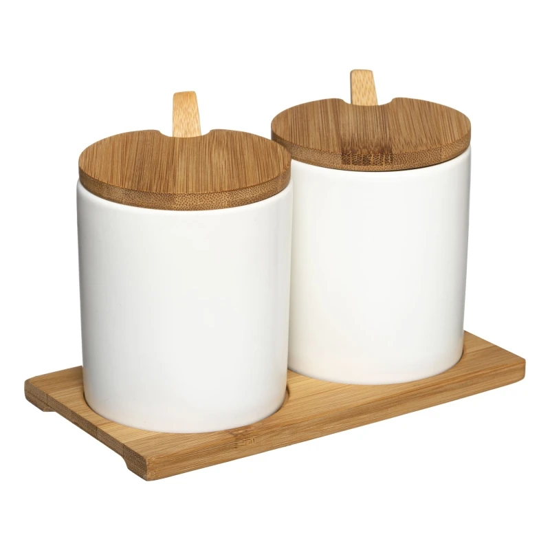 White porcelain sugar Salt and Sugar Bowl set with spoon lid and 555041 Nordic bamboo tray