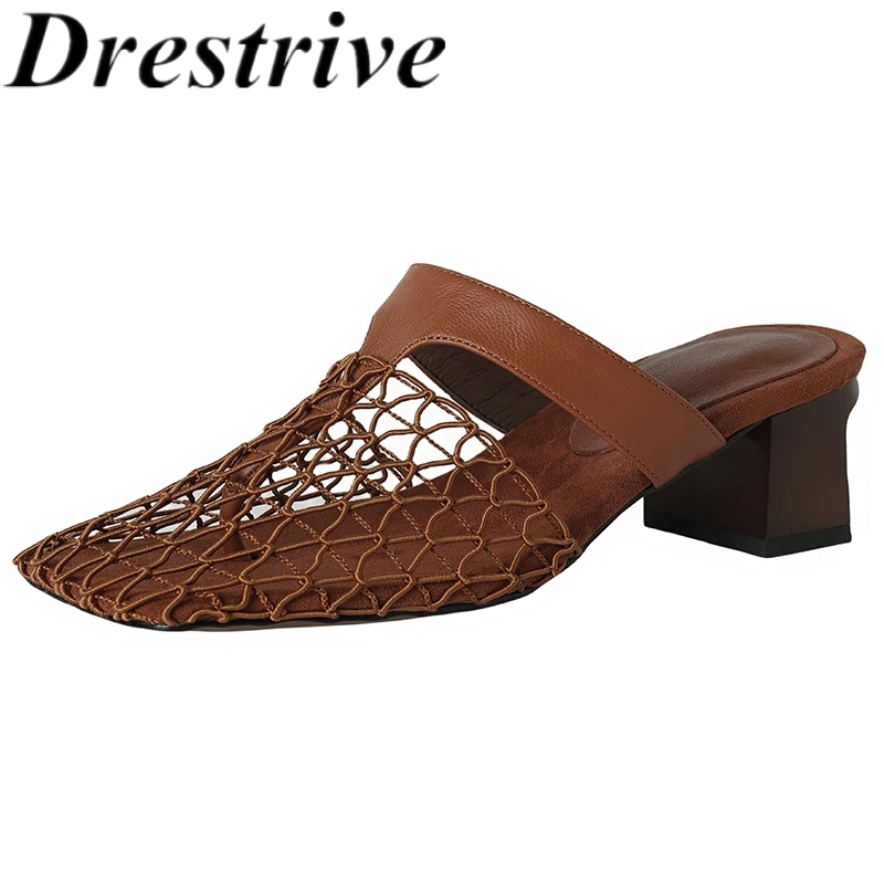 

Drestrive 2024, модные шлепанцы из овчины с квадратным носком, женские сандалии ручной работы на толстом высоком каблуке, сетчатые тапочки, летняя обувь