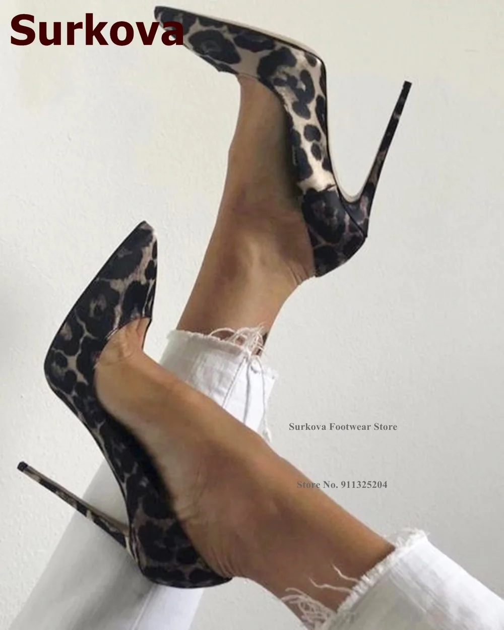 Surkova Sexy Leopard Satin Cloth High Heel Shoes 12CM 10CM 8CM Stilettos Pointed Toe Shallow Pumps Slip-on Silk Footwear Size45