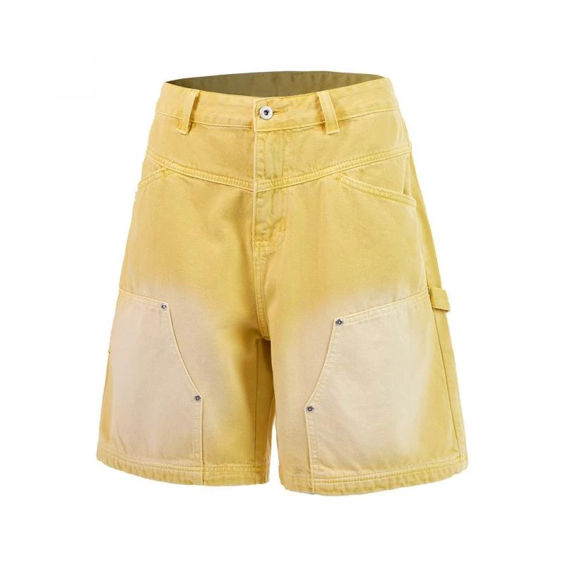 5-Inch Loose Straight Denim Shorts in Yellow, Summer Vintage Lumberjack Style for Men, Trendy American Daily Shorts