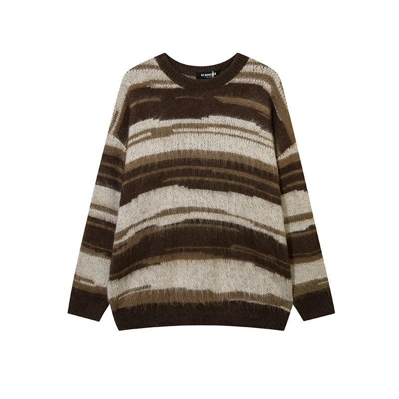 Knit Sweater Male Hippie Crewneck Men\'s Clothing Pullovers Round Collar Couple Outfit Long Brown Striped Street Cheap Sheap Fun