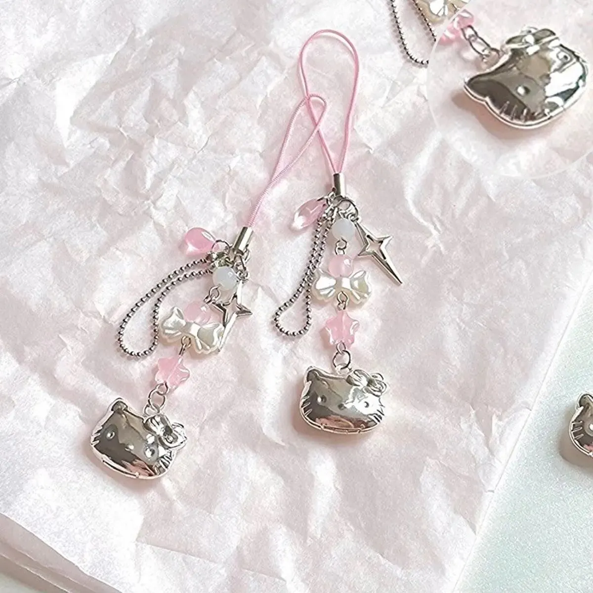 Hello Kitty Cell Phone Rope Chain Sanrio Anime Pendant Handmade Beads Strand Choker Bracelets Dangle DIY Jewelry Accessories Toy