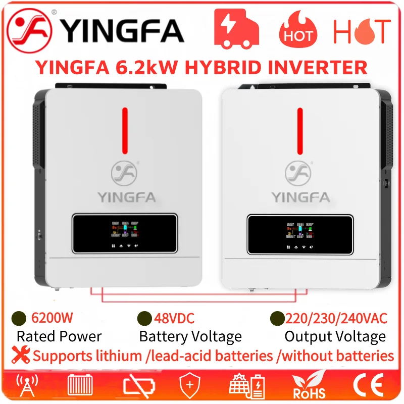 YINGFA 6.2kW 48V Hybrid Solar Inverter, Dual Output 220V~240V, On/Off Grid, Pure Sine Wave, 120A MPPT Charger, Home Use, WIFI