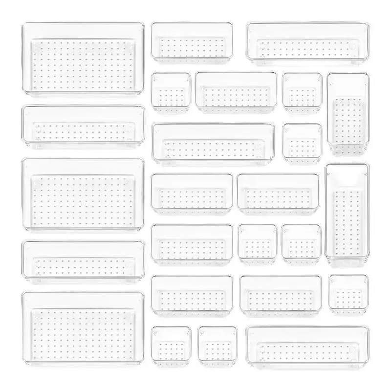 

25 PCS Clear Plastic Drawer Organizers Set 4-Size Versatile Bathroom and Vanity Drawer Organizer Trays Storage Bins for Makeup