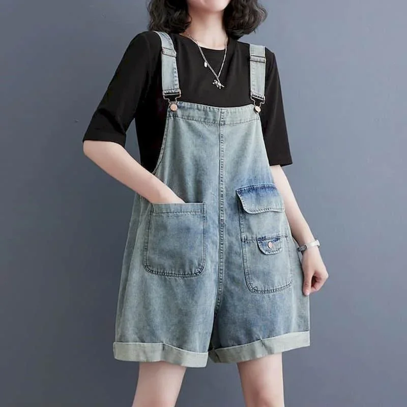 

Denim Jumpsuits Women Vintage Korean Style One Piece Outfit Casual Loose Summer Clothing for Women Pocket Design Cropped Jeans