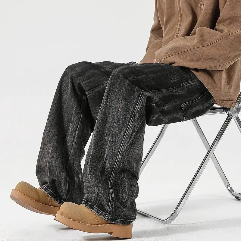 Streetwear Herren Distressed Jeans mit weitem Bein, Vintage-Jeanshose mit lockerer Passform und verblasster Waschung, lässige, bequeme, urbane Hose